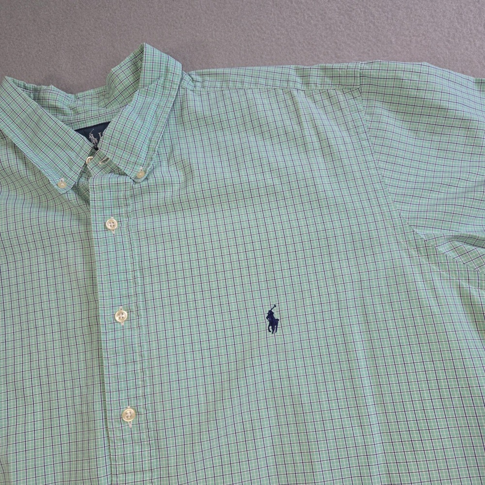 Ralph Lauren Button Down Shirt Mens 2XB Green Plaid Classic Fit Short Sleeve